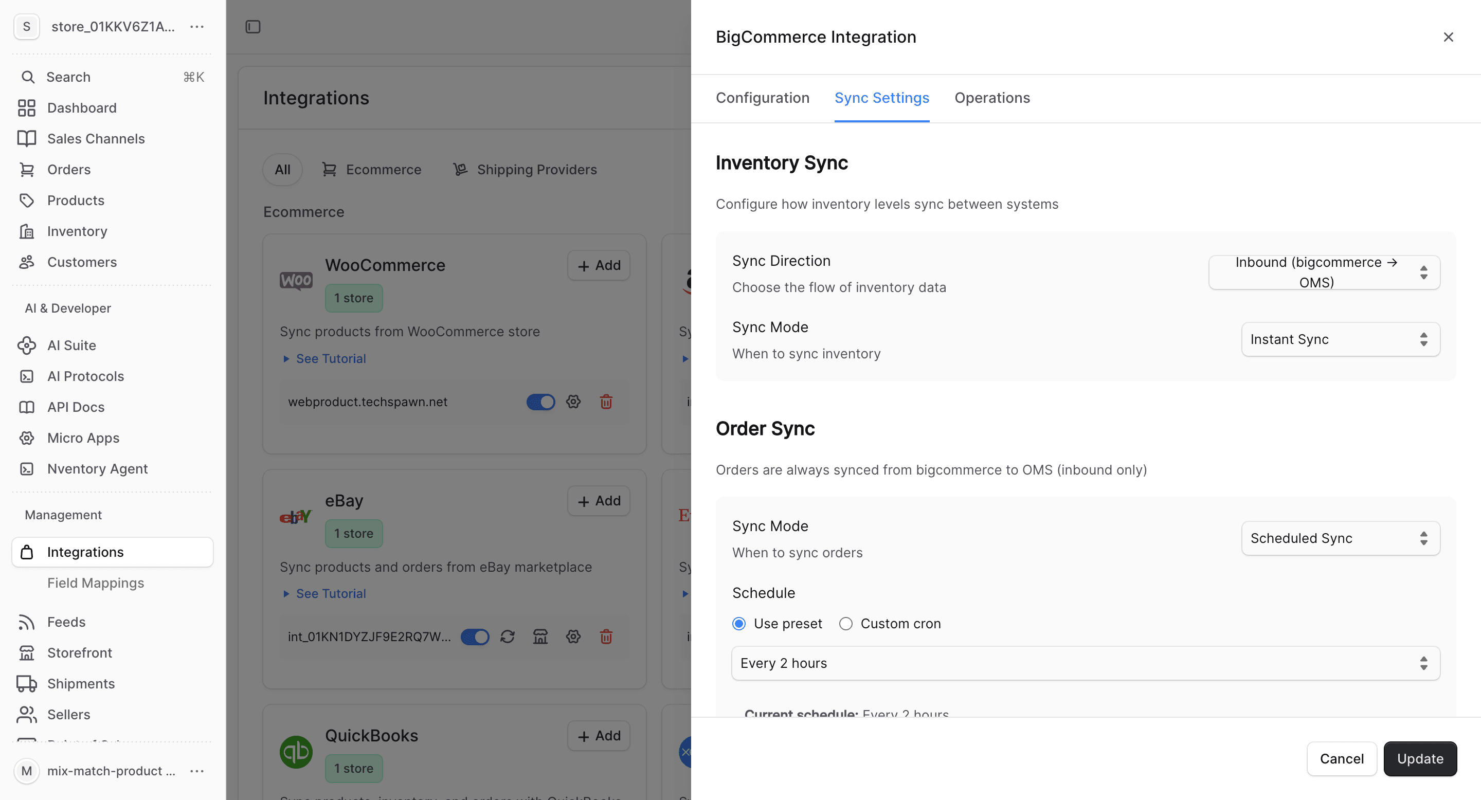 BigCommerce sync settings