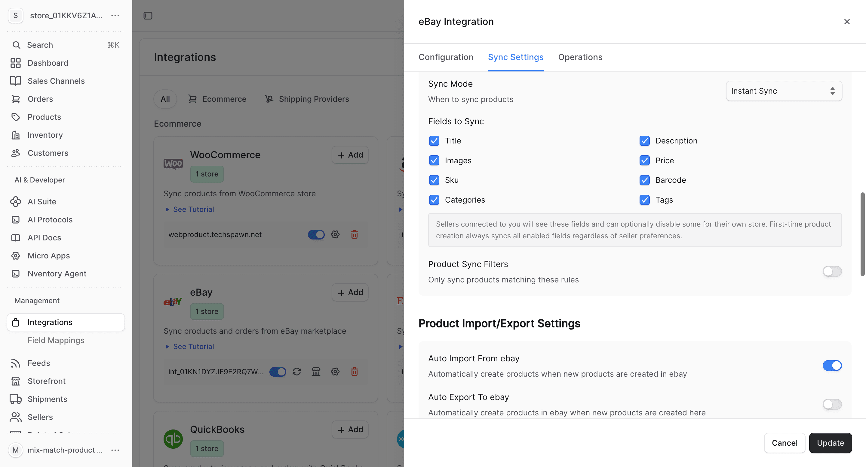 eBay import/export settings