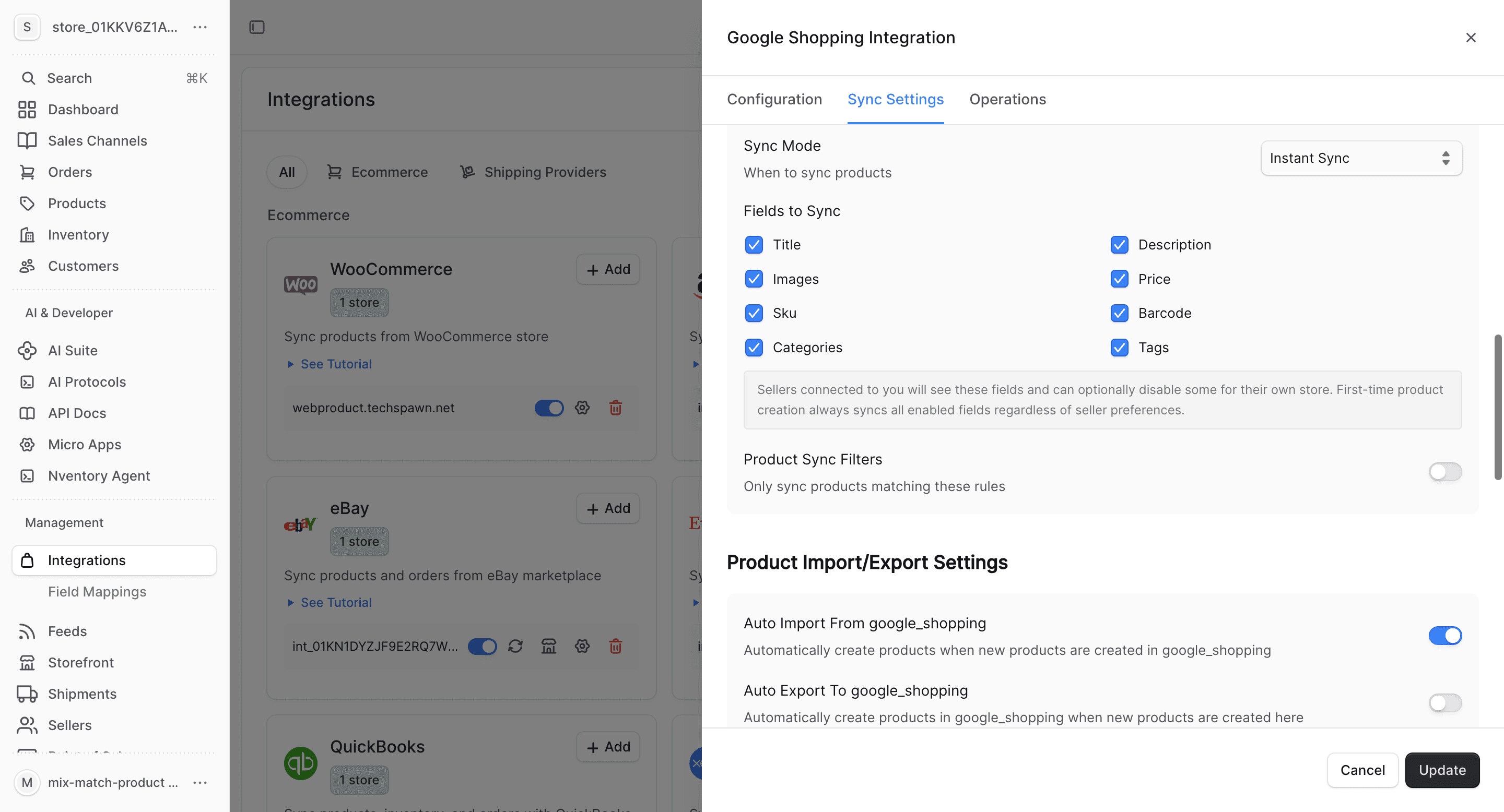 Google Shopping import/export settings