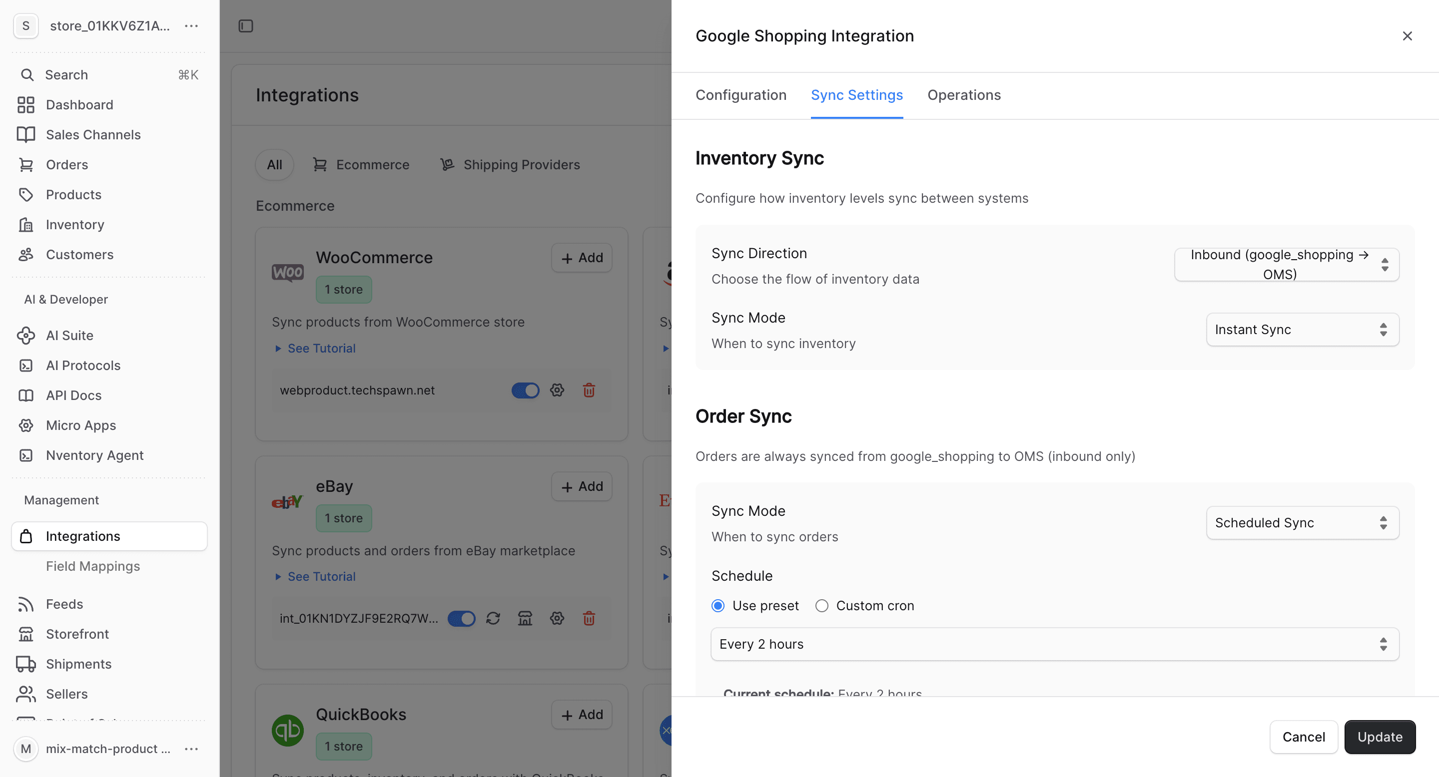 Google Shopping sync settings