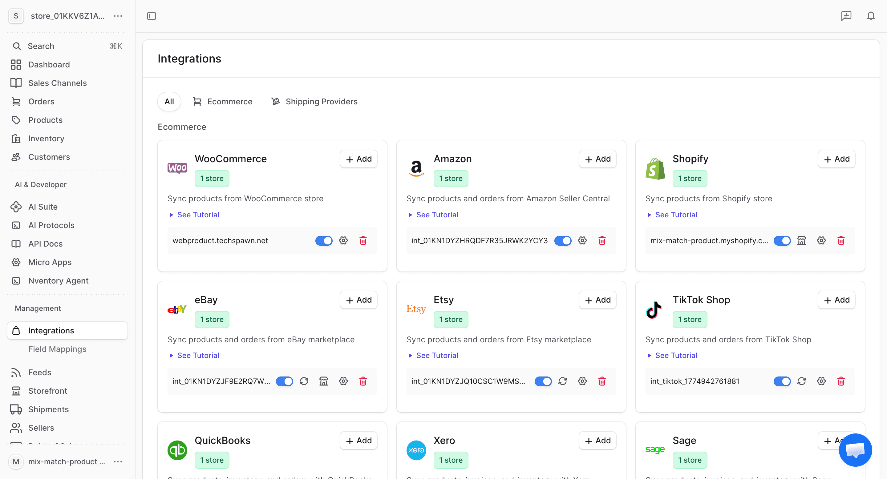 Integrations page showing all available platforms