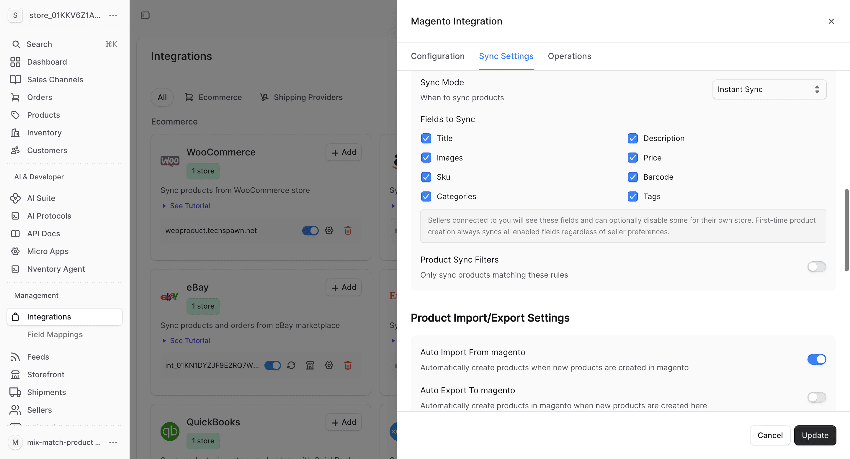 Magento import/export settings