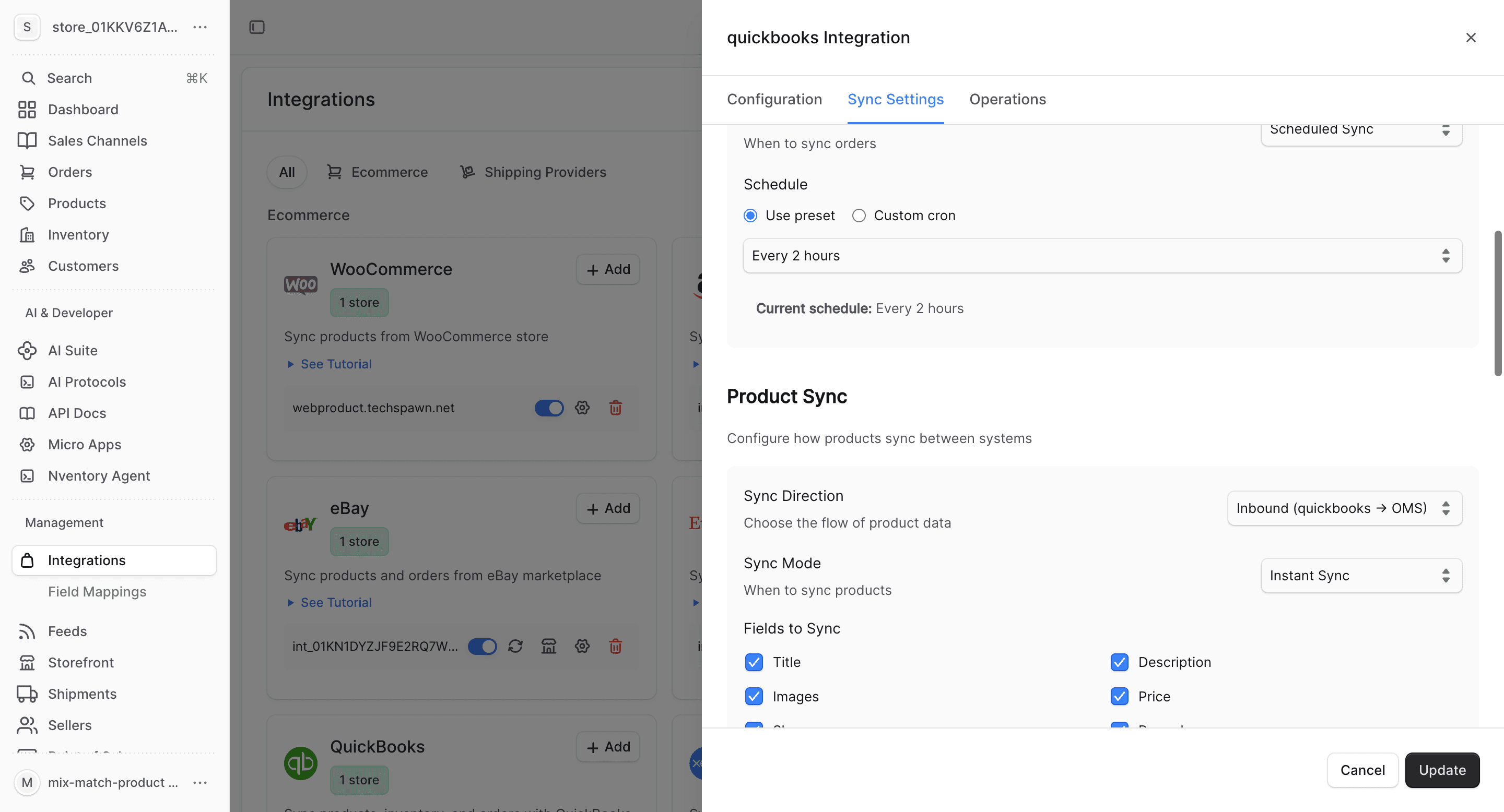 QuickBooks product sync fields