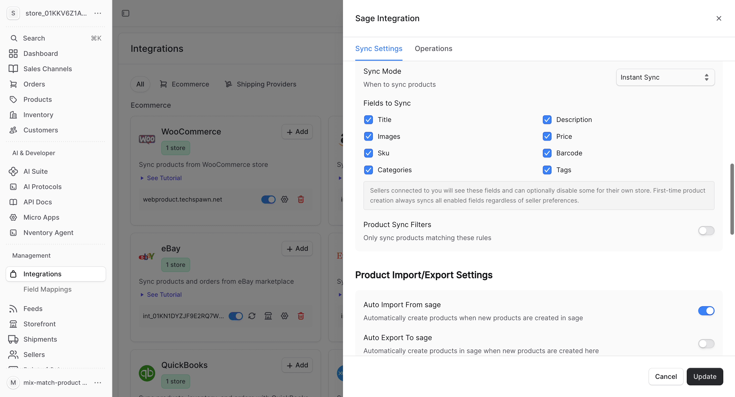 Sage import/export settings