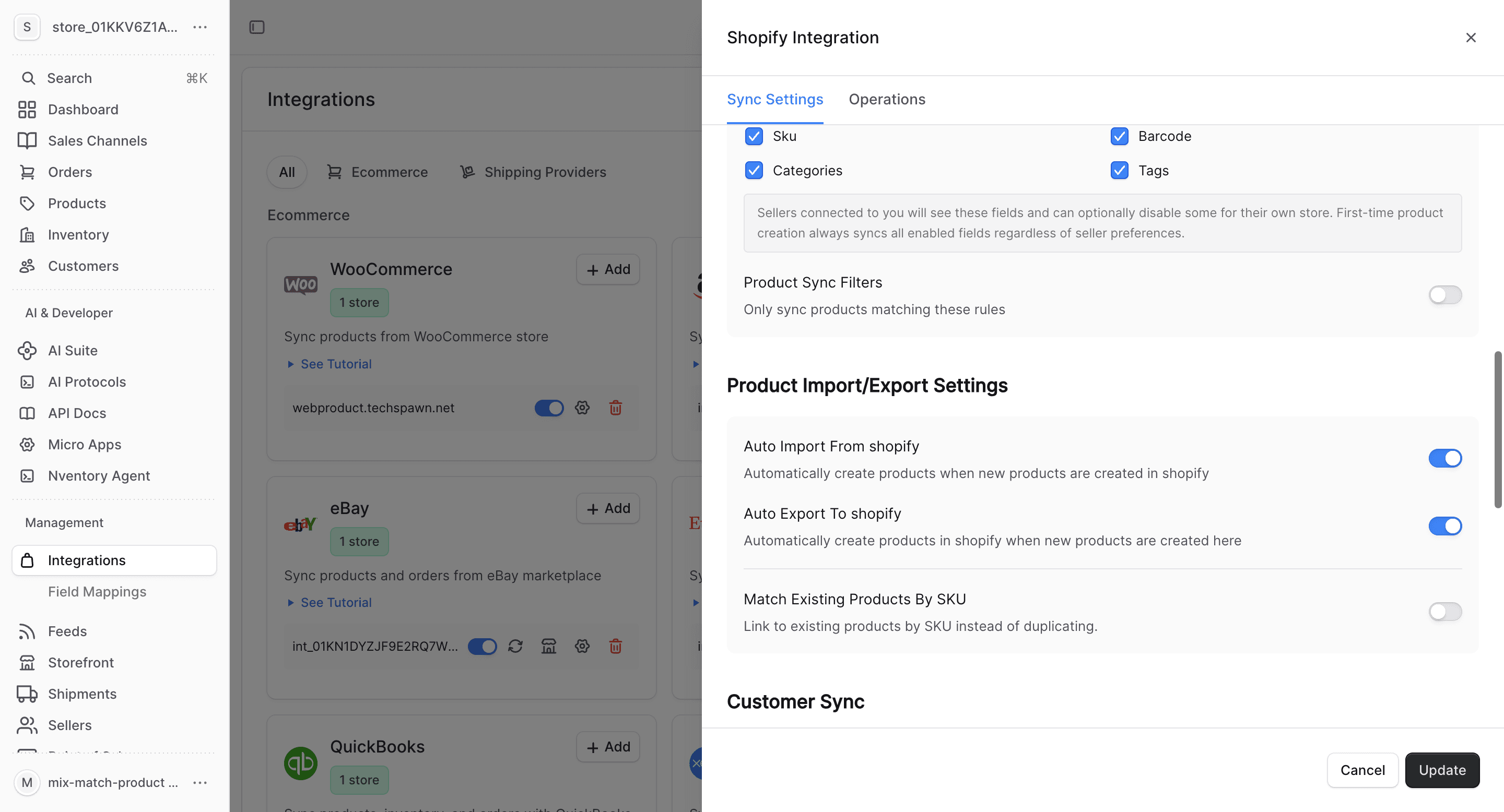 Product import/export and customer sync settings
