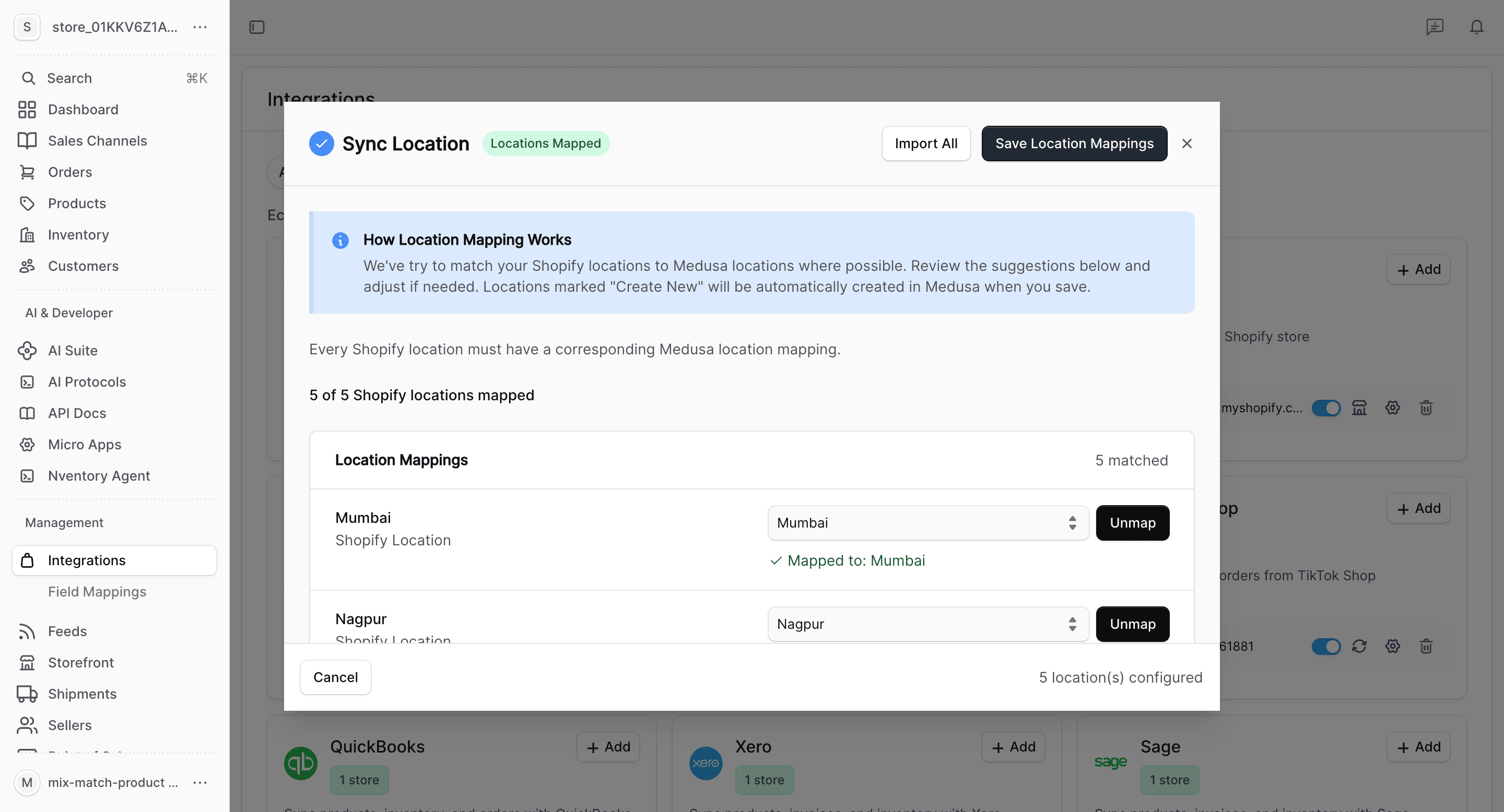 Shopify location mapping dialog