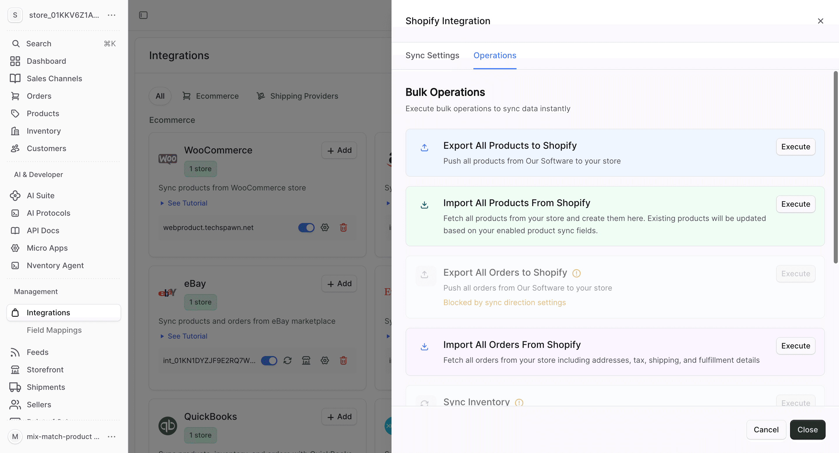 Operations tab with bulk import/export actions