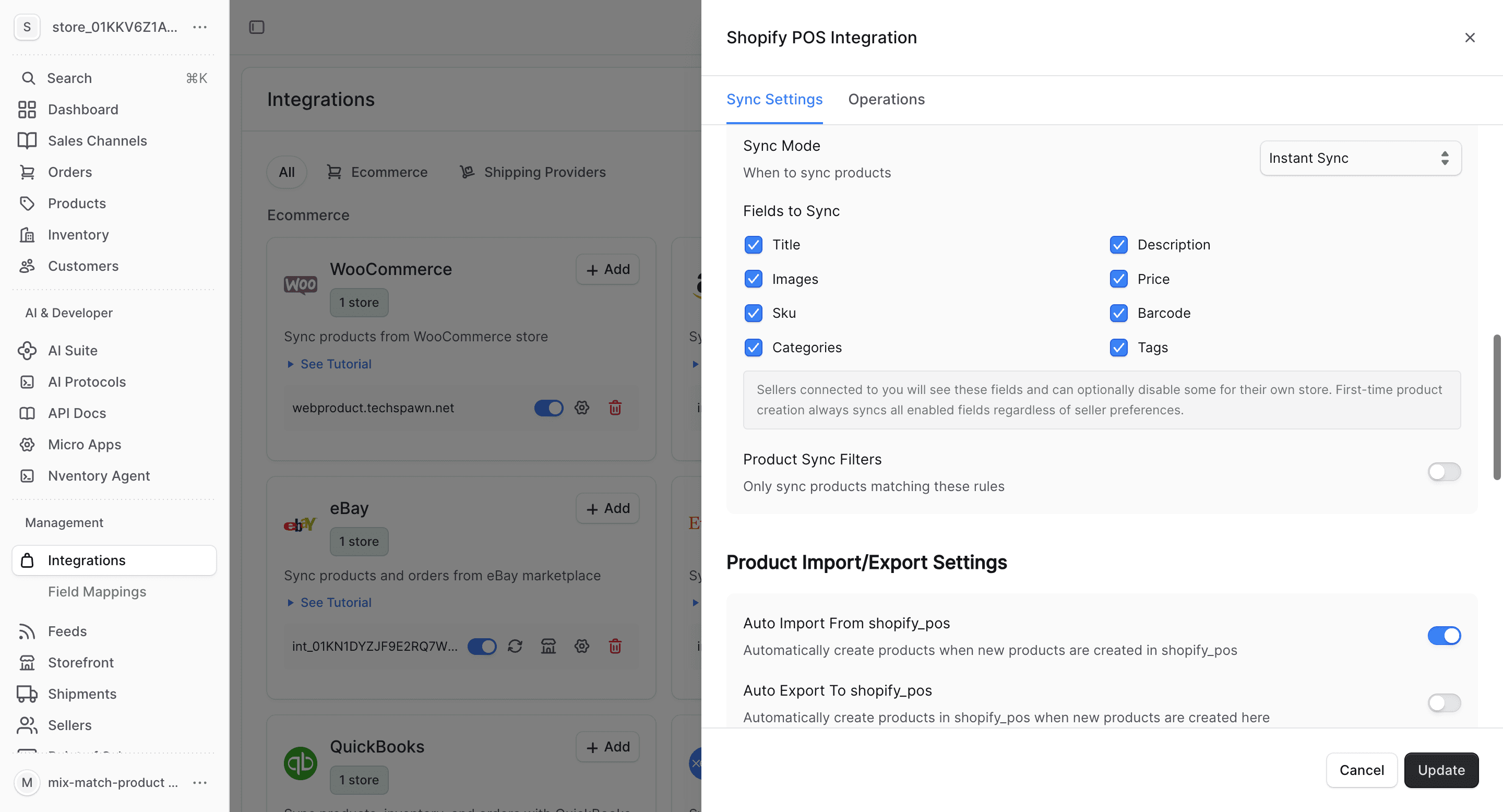 Shopify POS import/export settings