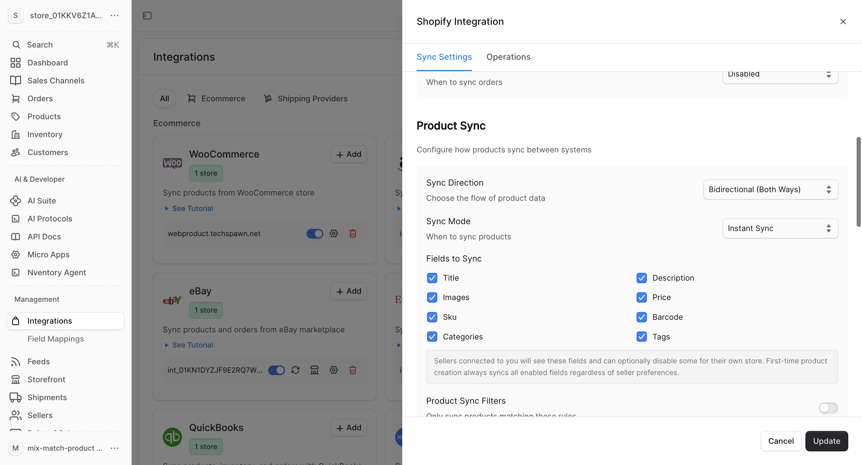 Product sync with field checkboxes