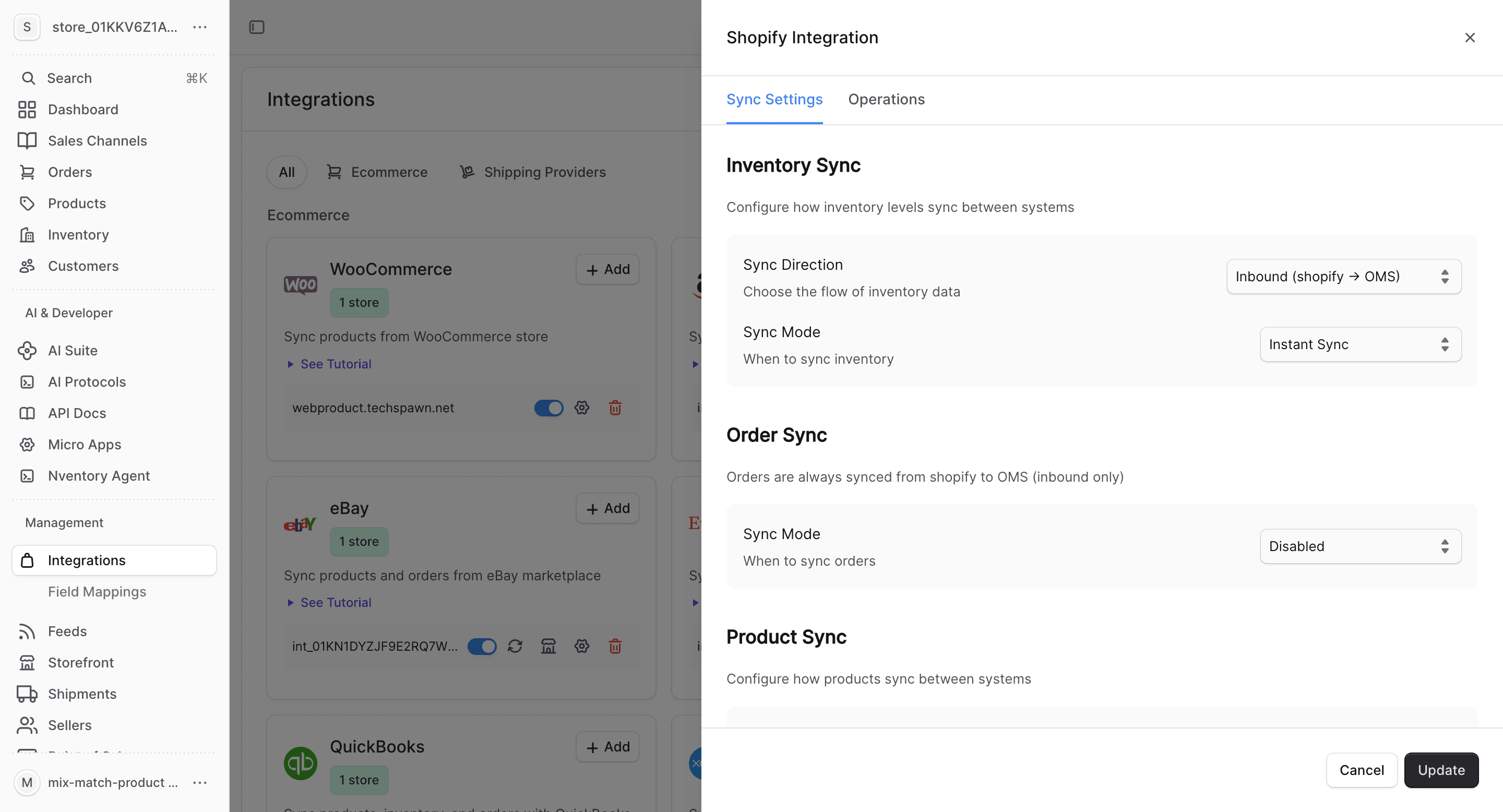 Inventory and order sync direction settings