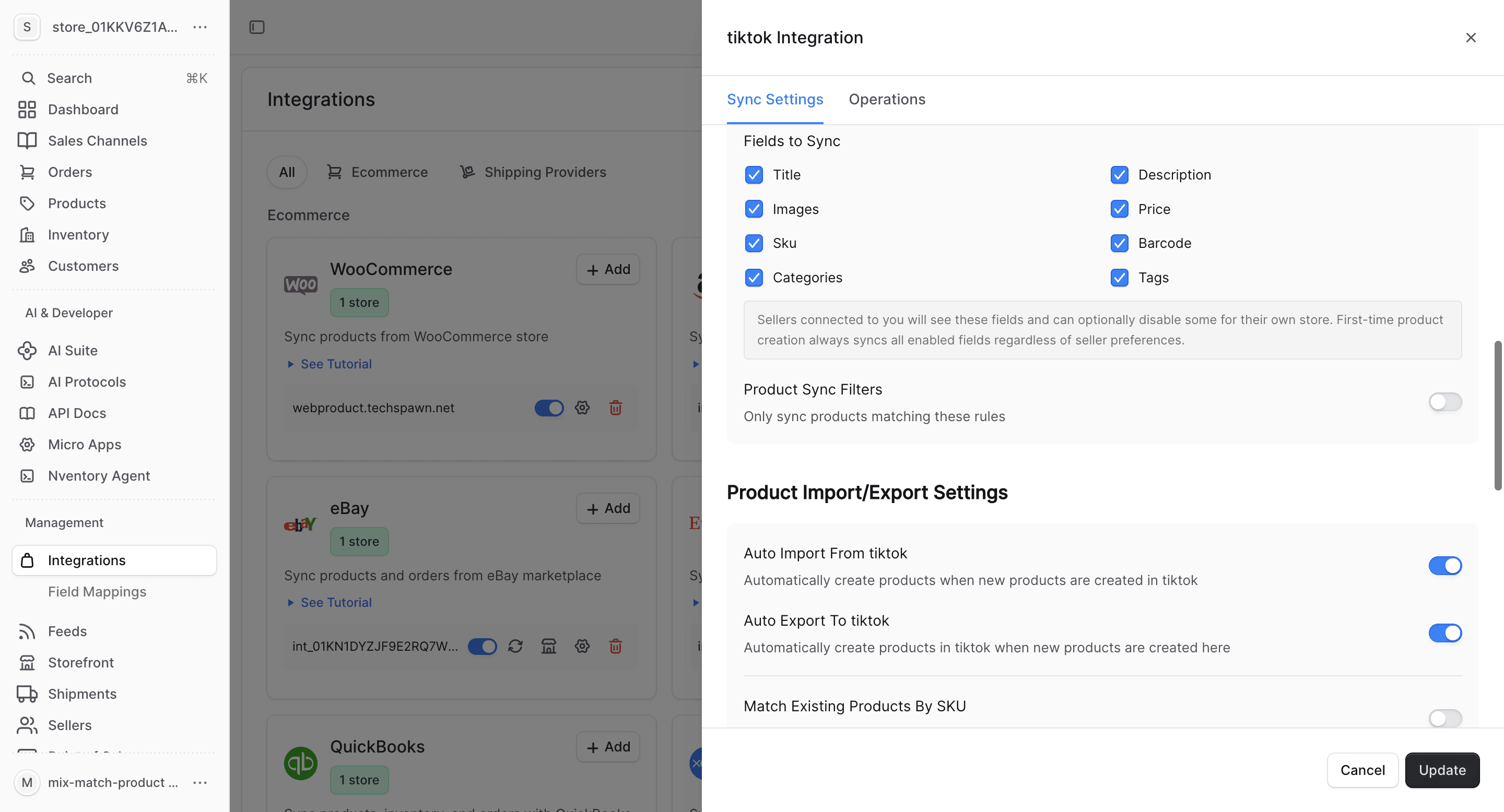 TikTok Shop import/export settings