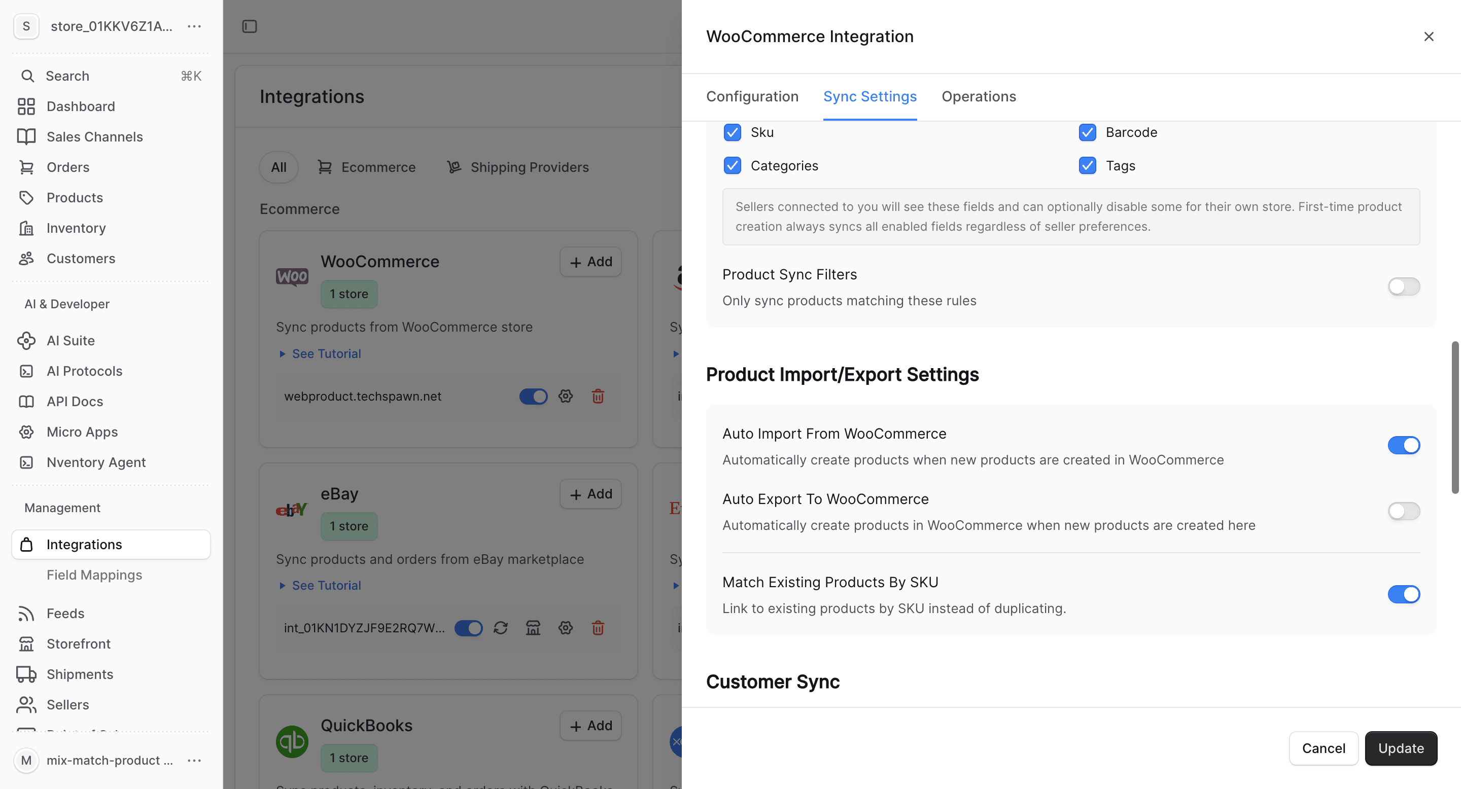 Import/export and customer sync settings