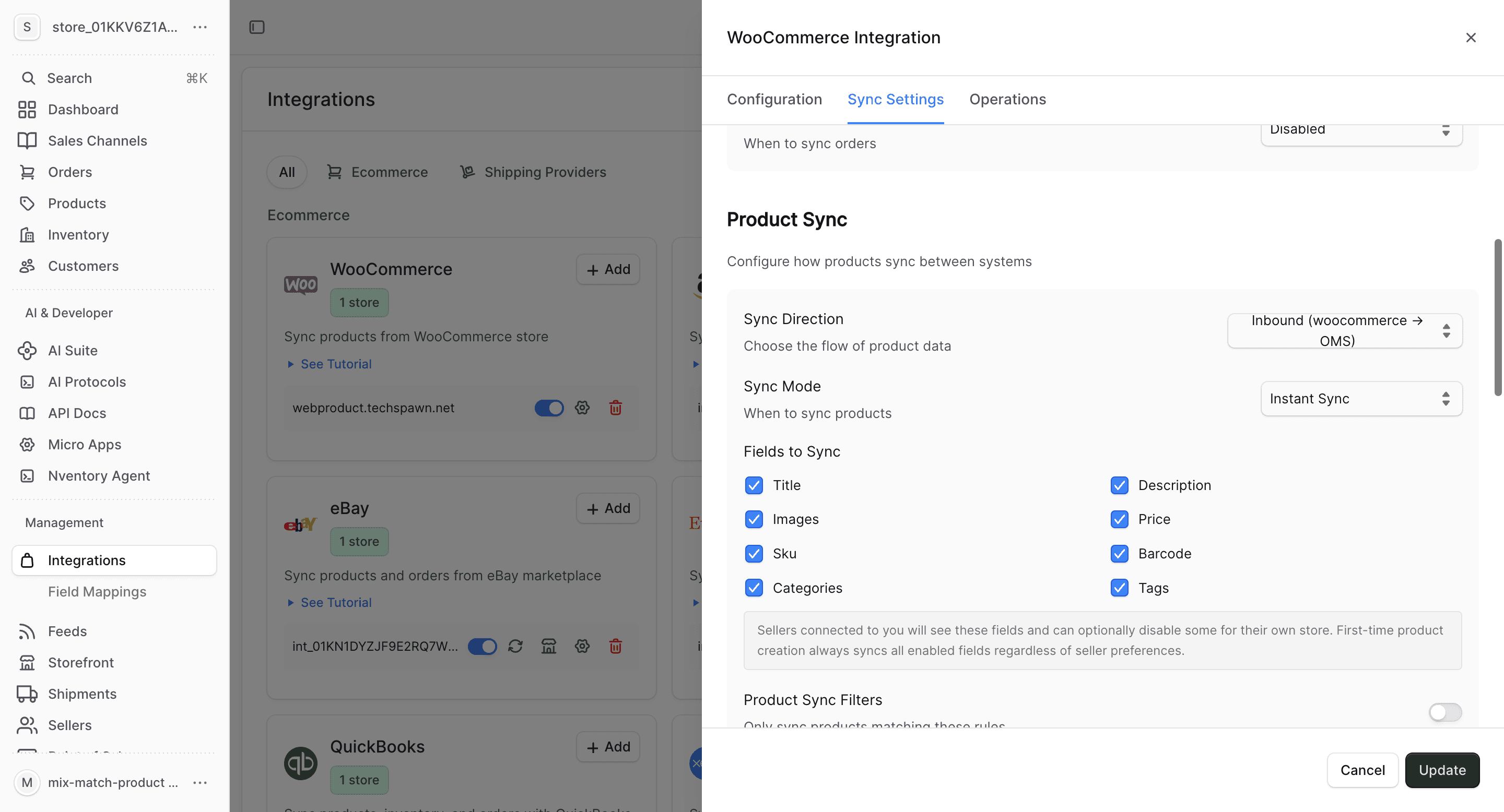 Product sync settings