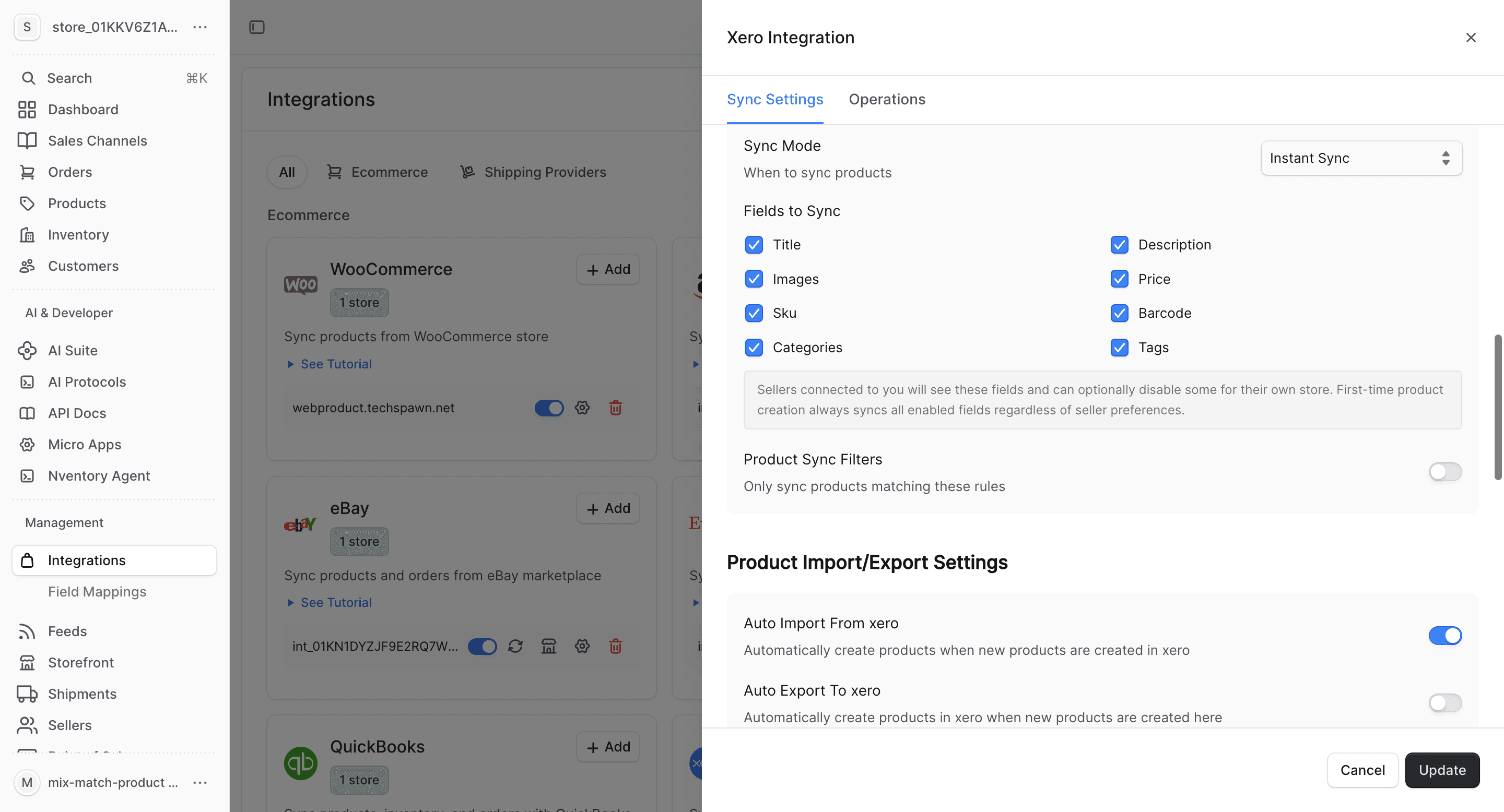 Xero import/export settings