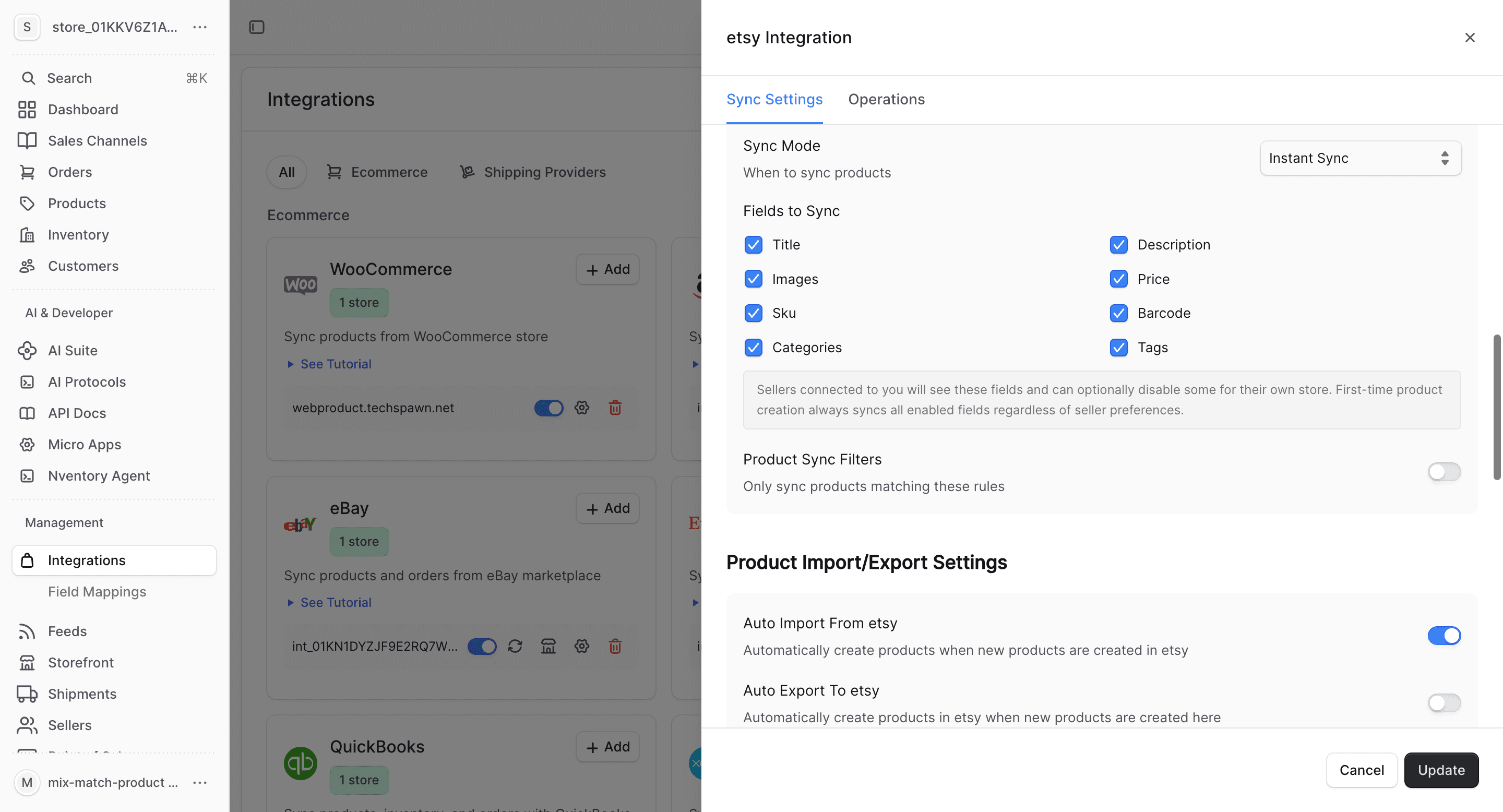 Etsy import/export settings