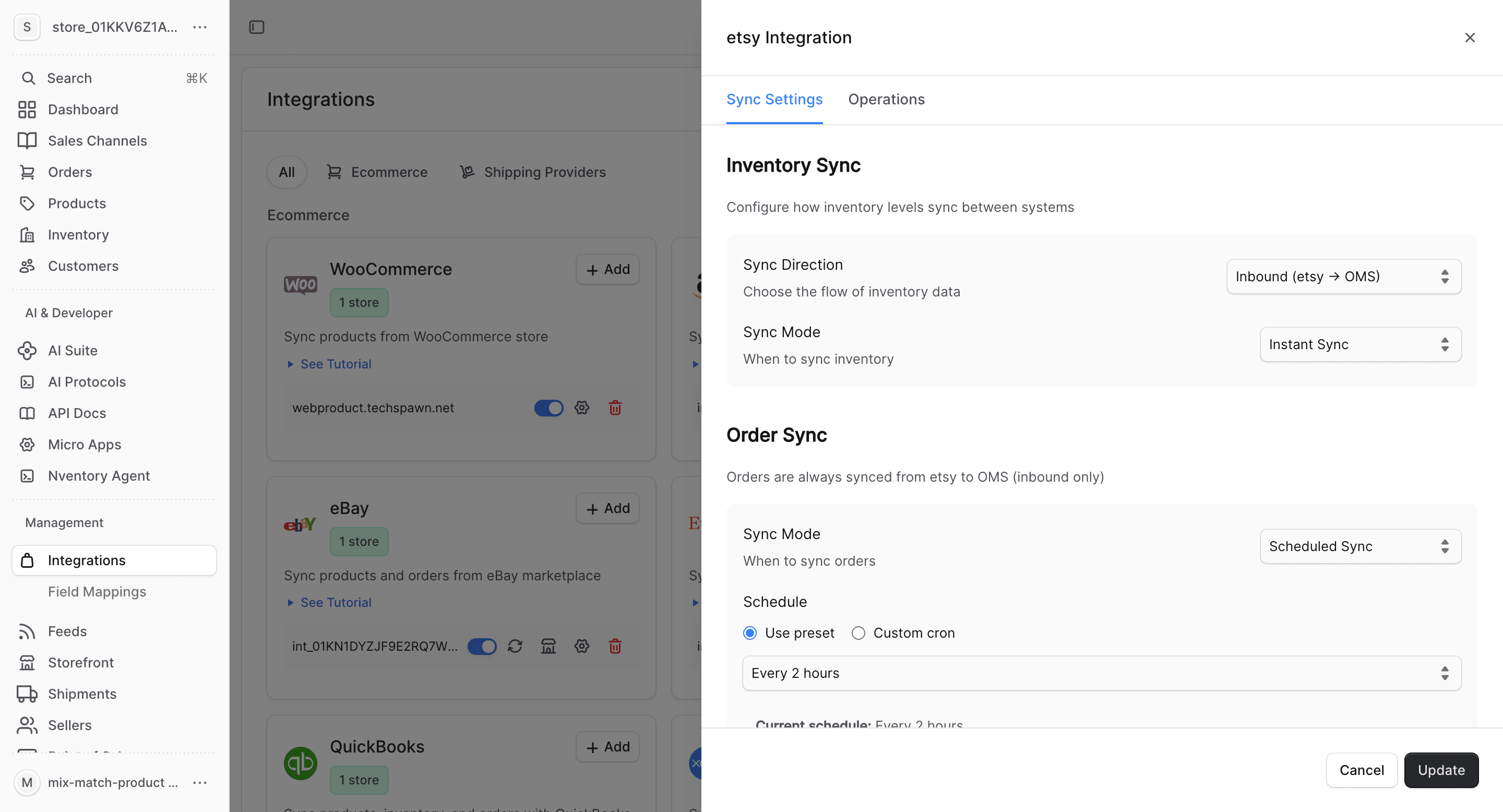 Etsy sync settings