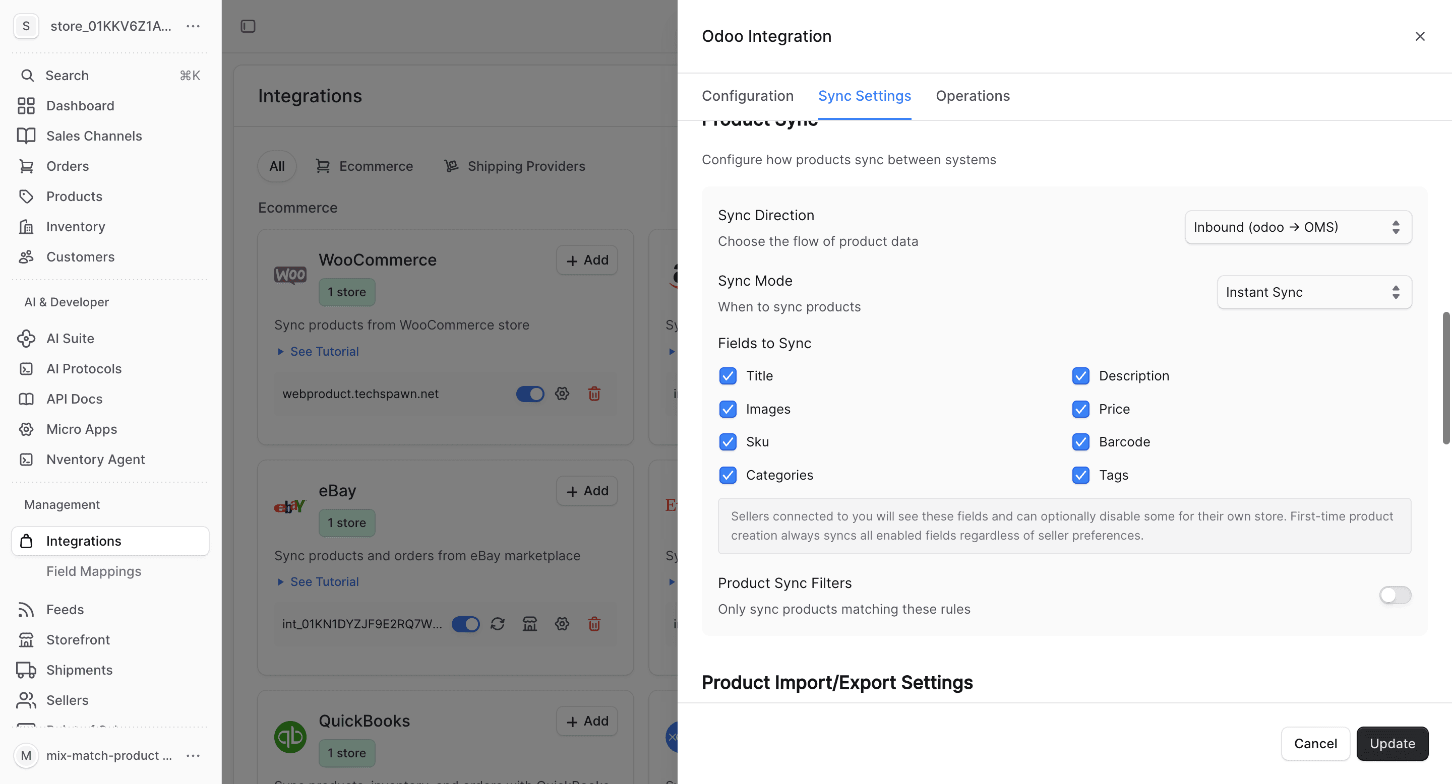 Odoo import/export settings
